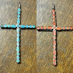 (Sold)Zuni Double-Sided Turquoise/Coral Sterling Silver Cross Pendant